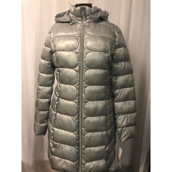 Via Spiga Three-Quarter Packable Hooded Puffer Jacket  Silver Size Med NWT - Picture 3 of 8